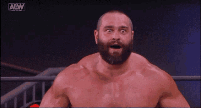 a man with a beard is in a wrestling ring with the aew logo on the bottom