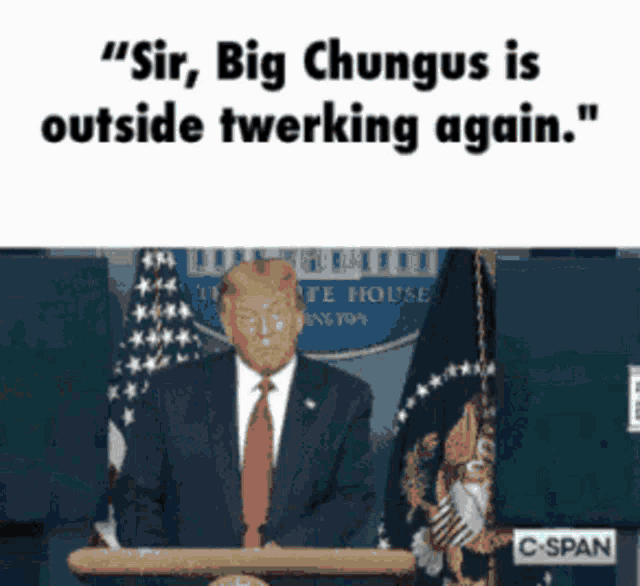 a man in a suit and tie stands at a podium with the words " sir big chungus is outside twerking again " above him