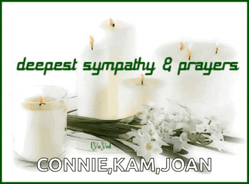 a card that says " deepest sympathy & prayers " with candles and flowers