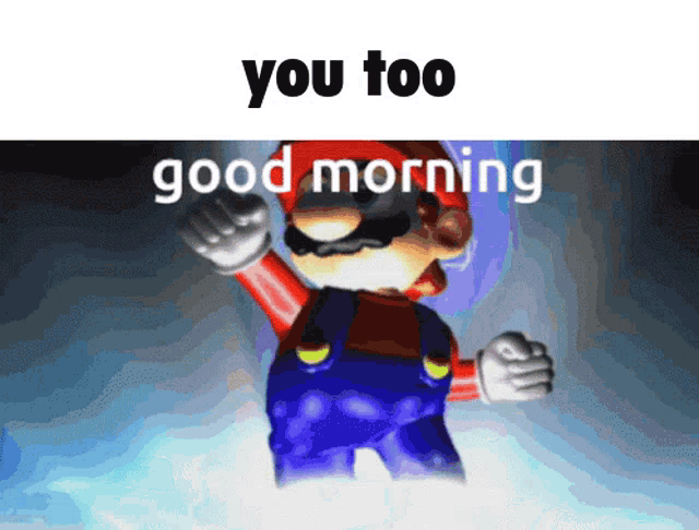 a picture of mario waving with the words " you too good morning "