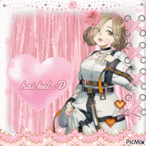 a picture of a girl with a flower in her hair and a heart that says hai kel d