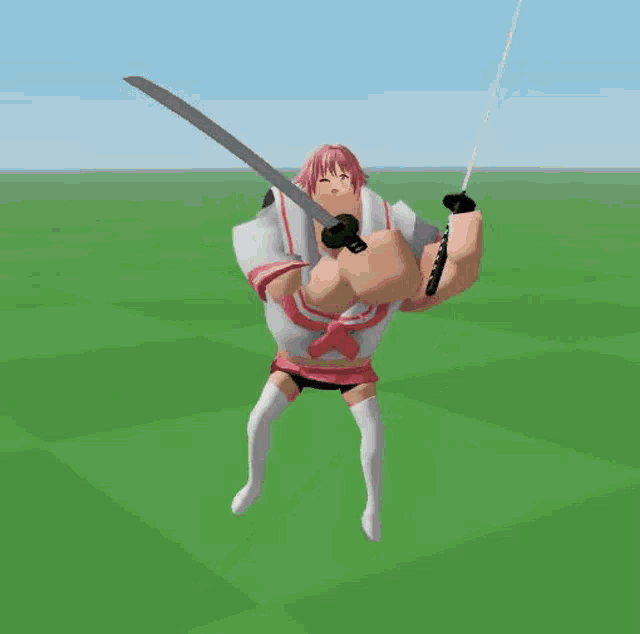 a 3d rendering of a girl holding a sword in a field .