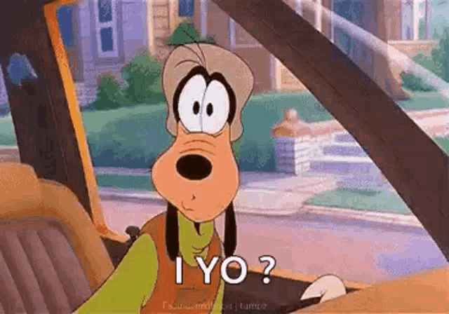 goofy is sitting in the driver 's seat of a car and says `` i yo '' .