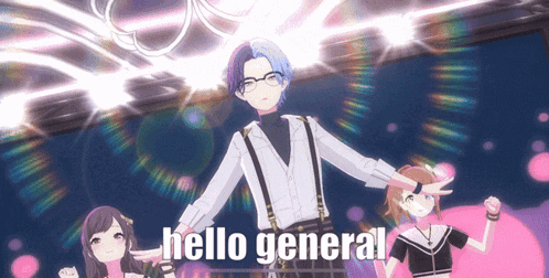a cartoon character says hello general while standing in front of two girls