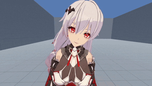 a girl with white hair and red eyes is standing on a tiled floor