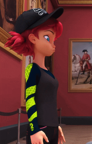 a girl with red hair wearing a black hat with the letter d on it