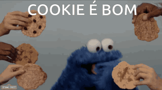 sesame street cookie monster surrounded by people eating cookies