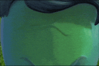 a close up of a cartoon character 's face with large eyes