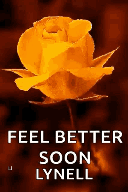 a yellow rose on a red background with the words feel better soon lynell