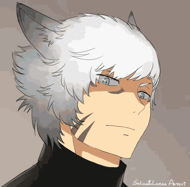 a drawing of a man with white hair and blue eyes by solus & lunae astert
