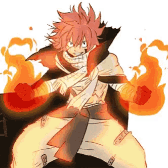 a fairy tail character is holding a fireball in his hands
