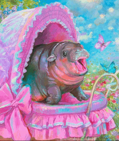 a baby hippopotamus is sitting in a pink carriage