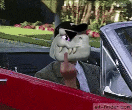 a cartoon character giving the middle finger in a red car