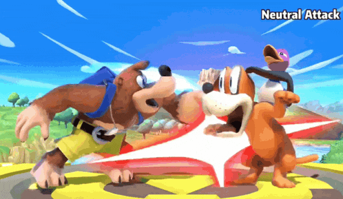 a video game shows two cartoon characters fighting each other and the words neutral attack below them