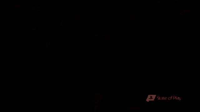 a dark hallway with red lights and the words state of play on the bottom right