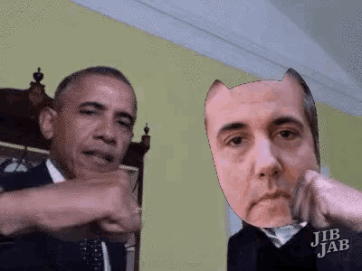 an animated image of obama and a man with a cat head