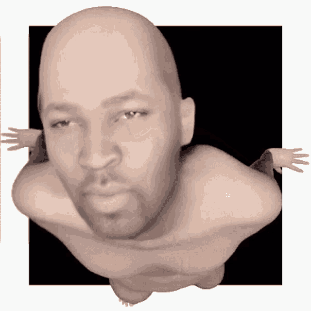a bald man with a beard has his arms outstretched in a 3d rendering .