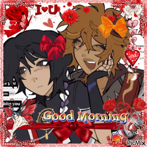 a picture of two anime characters with the words good morning