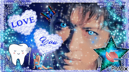 a picture of a man with blue eyes is surrounded by love and you
