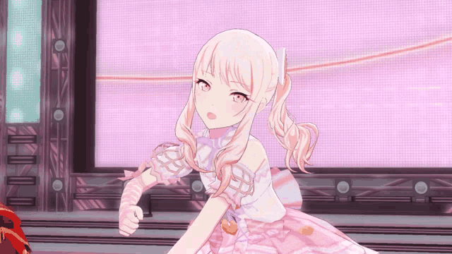 a girl in a pink and white dress is standing in front of a pink background