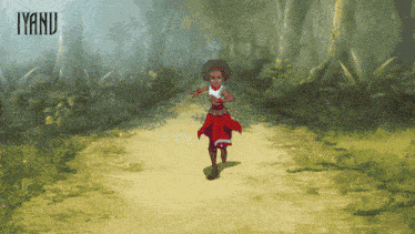 a cartoon of a girl running through a forest with the name iyanu on the bottom right