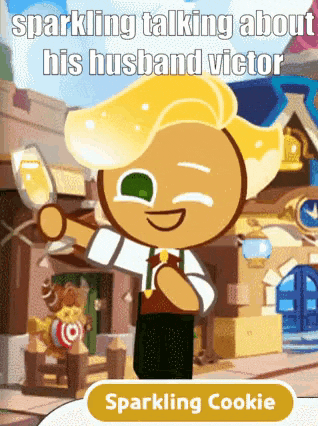 a cookie from a video game is holding a glass of champagne .