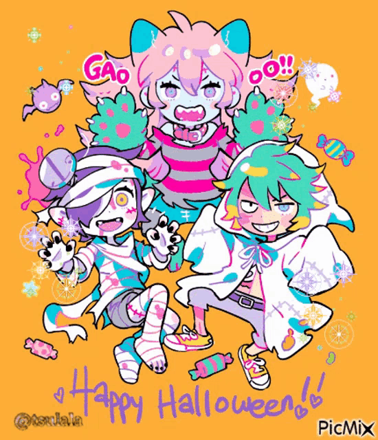a colorful drawing of a group of people with the words happy halloween written below them
