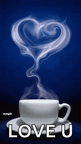 a cup of coffee with a heart shaped smoke coming out of it and the words `` love u '' below it .
