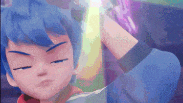 a boy with blue hair is holding a sword in his hand