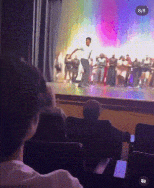a group of people are sitting in a theater watching a performance on stage .