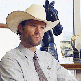 a man wearing a cowboy hat and tie is sitting in front of a statue of a horse