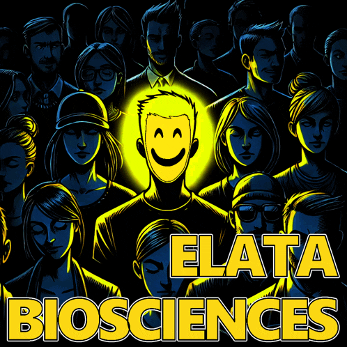 a poster for elata biosciences shows a man with a smiley face on his face