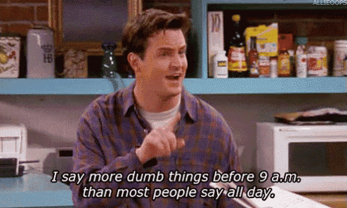 a man is talking in a kitchen and says i say more dumb things before 9 a.m. than most people say all day