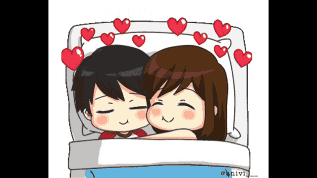 a cartoon of a man and a woman hugging in bed