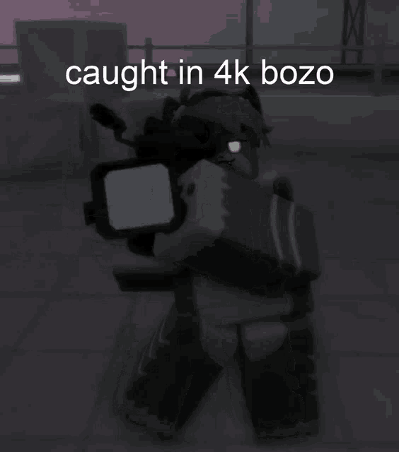 a cartoon character holding a camera with the words caught in 4k bozo written above him