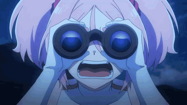 a girl with pink hair looks through binoculars with her mouth open