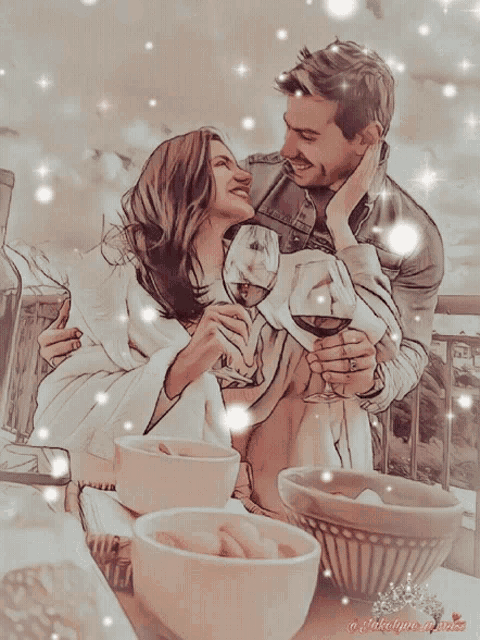 a drawing of a man and woman drinking wine
