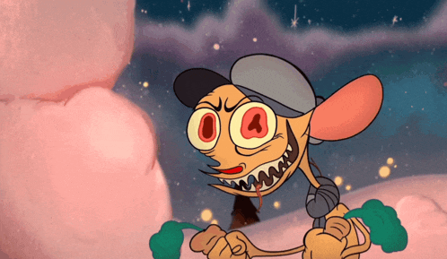 a cartoon character with big eyes and a hat