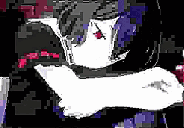 a black and white image of a person with purple eyes