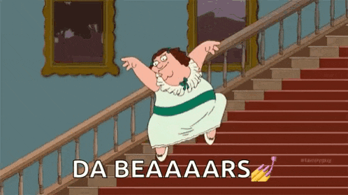 a cartoon character is standing on a set of stairs and says da beaaars