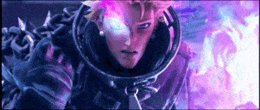 a close up of a person 's face with glowing blue eyes and a purple background .