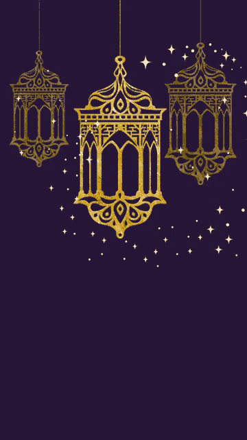 three gold lanterns hang from a string on a purple and yellow background