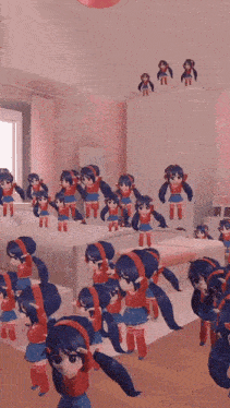 a bunch of anime girls are standing in a room .