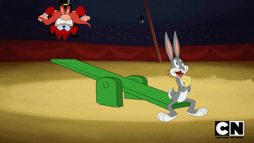 a cartoon of bugs bunny standing on a green seesaw