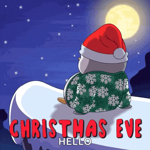 a penguin wearing a santa hat is sitting on top of a snow covered hill looking at the moon ..