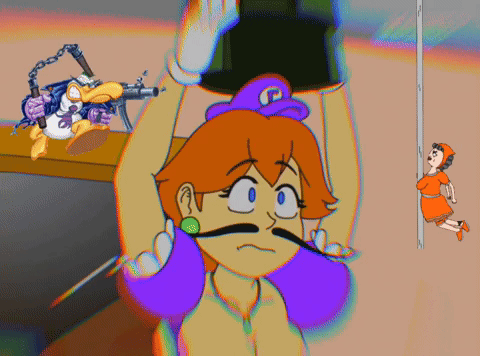 a cartoon drawing of a girl with a mustache and a purple hat with the letter p on it