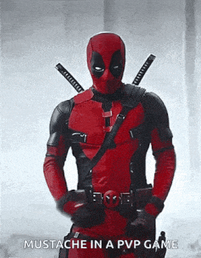 deadpool is wearing a mustache in a pvp game and holding his hands on his hips .