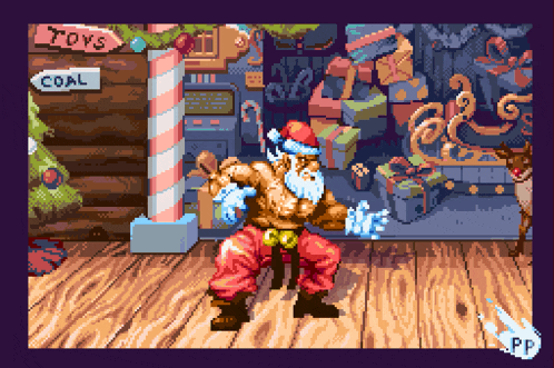 a pixel art drawing of santa claus in front of a sign that says toys coal