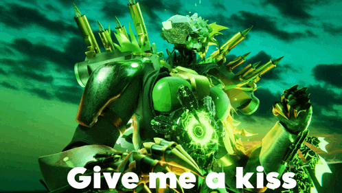 a picture of a robot with the words give me a kiss below it