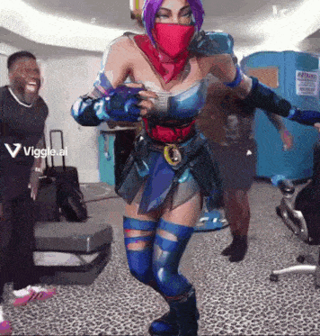a woman with purple hair and a red scarf on her face is dancing in a room with a sign that says viggle.ai